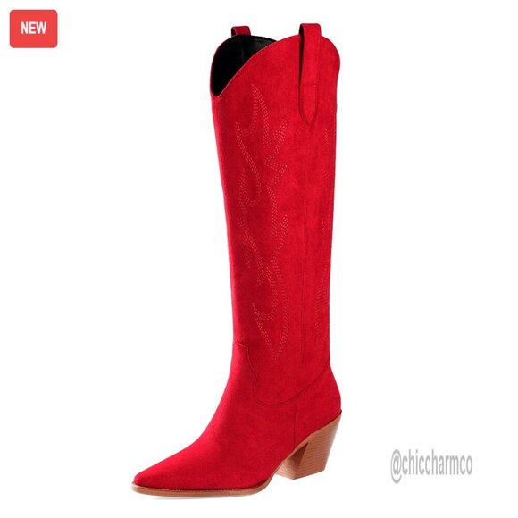 Shoes - Knee High Cowgirl Boots Pointed Toe Block Heel Suede Faux Leather Embroidered